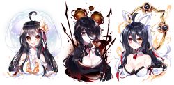 Rule 34 | 3girls, :d, ahoge, animal ears, apsara (elsword), ara haan, bad id, bad pixiv id, bare shoulders, black gloves, black hair, braid, breasts, cleavage, closed mouth, collarbone, detached collar, devi (elsword), elsword, finger to mouth, fox ears, g ieep, gloves, hair ornament, heterochromia, highres, large breasts, long hair, looking at viewer, multicolored hair, multiple girls, multiple persona, open mouth, partially fingerless gloves, red eyes, shakti (elsword), shakti (elsword), smile, two-tone hair, upper body, white hair, yellow eyes