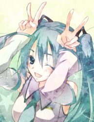 Rule 34 | 1girl, aqua hair, bad id, bad pixiv id, detached sleeves, double v, hatsune miku, necktie, one eye closed, open mouth, solo, touko (wisterio), twintails, v, vocaloid, wink