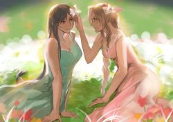 Rule 34 | 2girls, aerith gainsborough, bare arms, black hair, braid, braided ponytail, breasts, brown hair, cleavage, dress, final fantasy, final fantasy vii, final fantasy vii remake, flower, grass, green dress, green eyes, hair flower, hair ornament, hair ribbon, hand in another&#039;s hair, jjn ff7, kneeling, large breasts, leaning forward, long dress, long hair, looking at another, medium breasts, multiple girls, outdoors, parted bangs, parted lips, pink dress, pink ribbon, red eyes, ribbon, sidelocks, sitting, sleeveless, sleeveless dress, smile, straight hair, tifa lockhart, wavy hair, yuri