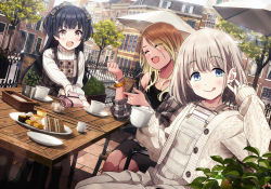 Rule 34 | 3girls, bangle, black hair, blonde hair, blue eyes, bow, bracelet, brown eyes, brown hair, building, cafe, cake, cardigan, chair, commentary request, cup, dark skin, dark-skinned female, dutch angle, earrings, closed eyes, food, gradient hair, grey hair, gyaru, hair bow, highres, idolmaster, idolmaster shiny colors, izumi mei, jewelry, licking lips, long hair, long sleeves, looking at viewer, mayuzumi fuyuko, multicolored hair, multiple girls, open mouth, overalls, plaid, plaid shirt, sandwich, serizawa asahi, shirt, short hair, sitting, sleeves past wrists, sonsoso, straylight (idolmaster), table, teacup, tongue, tongue out, tree, two side up