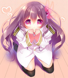 Rule 34 | 10s, 1girl, black thighhighs, blush, commentary request, hair between eyes, hair ornament, hands on own face, heart, kantai collection, kisaragi (kancolle), kneeling, long hair, long sleeves, looking at viewer, military, military uniform, minami (apricot tea), naval uniform, no pants, purple eyes, purple hair, solo, thighhighs, uniform
