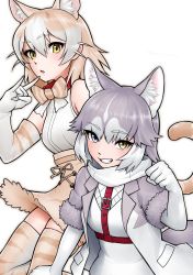 Rule 34 | 2girls, \n/, animal collar, animal ear fluff, animal ears, bare shoulders, blouse, blue eyes, bow, bowtie, cat (kemono friends), cat ears, cat girl, cat tail, chestnut mouth, collar, commentary, dog (mixed breed) (kemono friends), dog ears, elbow gloves, extra ears, fur-trimmed sleeves, fur trim, gloves, grey hair, grin, hair between eyes, heterochromia, high-waist skirt, highres, jacket, kemono friends, light brown hair, looking at viewer, losmal indicus, multicolored hair, multiple girls, open clothes, open jacket, open mouth, paw pose, shirt, short hair, short sleeves, simple background, skirt, sleeveless, sleeveless shirt, smile, tail, thighhighs, two-tone hair, white background, white hair, yellow eyes