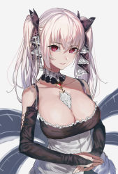 Rule 34 | 1girl, azur lane, between breasts, black dress, breasts, cleavage, closed mouth, clothing cutout, collarbone, commentary, detached collar, dress, expressionless, formidable (azur lane), grey background, hair between eyes, hair ribbon, highres, large breasts, lips, long hair, looking at viewer, off-shoulder dress, off shoulder, own hands together, red eyes, ribbon, shoulder cutout, silver hair, simple background, solo, twintails, upper body, white neckwear, yu-hi