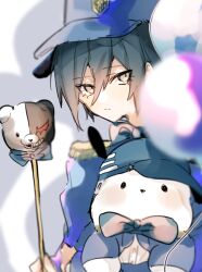 Rule 34 | 1boy, balloon, bishounen, black hair, blue bow, blue bowtie, blush, bow, bowtie, brown eyes, closed mouth, danganronpa (series), danganronpa v3: killing harmony, eyelashes, hair between eyes, hat, highres, holding, jacket, looking at viewer, male focus, monokuma, pochacco, saihara shuichi, sanrio, short hair, simple background, sumi o0o, upper body