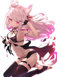 Rule 34 | 1girl, absurdres, ahoge, animal ear fluff, animal ears, armpits, bare shoulders, bikini, black bikini, black gloves, black thighhighs, breasts, cleavage, commission, flower, gloves, gradient hair, grey hair, hair flower, hair ornament, hair ribbon, hand up, highres, long hair, looking at viewer, medium breasts, multicolored hair, nail polish, navel, no shoes, o-ring, o-ring bikini, o-ring bottom, original, parted lips, partially fingerless gloves, pink eyes, pink hair, pink nails, pubic hair, red eyes, red ribbon, reizouko, ribbon, simple background, skeb commission, solo, stirrup legwear, swimsuit, tail, thighhighs, toeless legwear, very long hair, white background, white flower
