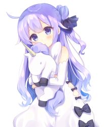 Rule 34 | 1girl, ahoge, azur lane, bad id, bad pixiv id, detached sleeves, hugging doll, dress, hair bun, highres, long hair, looking at viewer, name connection, hugging object, object namesake, one side up, parted lips, pochio xxx, purple eyes, purple hair, simple background, single hair bun, solo, stuffed pegasus, stuffed unicorn, unicorn (azur lane), white background, white dress
