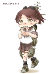 Rule 34 | 10s, 1girl, bad id, bad pixiv id, blush, brown eyes, brown hair, hair ornament, hinata yuu, jewelry, kantai collection, looking at viewer, machinery, pleated skirt, ponytail, ring, shikinami (kancolle), simple background, skirt, solo, wavy mouth, wedding band, white background