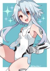 Rule 34 | 1girl, :d, absurdres, bare shoulders, blue hair, blush, breasts, covered navel, elbow gloves, gloves, hair between eyes, happy, haruna (citrus love i), highres, leg up, leotard, looking at viewer, looking down, neptune (series), open mouth, power symbol, power symbol-shaped pupils, red eyes, short hair with long locks, sideboob, skin tight, skindentation, small breasts, smile, solo, symbol-shaped pupils, teeth, thighs, upper teeth only, white gloves, white heart (neptunia), white legwear, white leotard