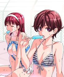 Rule 34 | 2girls, :p, bikini, black bikini, blue one-piece swimsuit, breasts, brown hair, chain-link fence, closed eyes, commentary request, fence, food, food in mouth, front-tie bikini top, front-tie top, hairband, highres, holding, holding food, kurara-chan (suzutsuki kurara), large breasts, medium hair, multiple girls, one-piece swimsuit, original, polka dot, polka dot swimsuit, popsicle, purple eyes, red hair, short hair, sitting, small breasts, striped bikini, striped clothes, suzutsuki kurara, sweat, swimsuit, tongue, tongue out, v arms, white hairband
