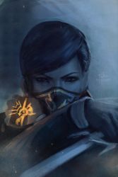 Rule 34 | 1girl, coat, dishonored, emily kaldwin, fingerless gloves, gloves, knife, looking at viewer, mask, raikoart, short hair, solo, weapon