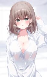 Rule 34 | 1girl, absurdres, bang dream!, blush, breasts, brown hair, cleavage, collarbone, collared shirt, commentary request, crossed bangs, dress shirt, green eyes, highres, large breasts, long sleeves, looking at viewer, medium hair, meu203, open mouth, shirt, sleeves past wrists, solo, sweat, white shirt, yamato maya