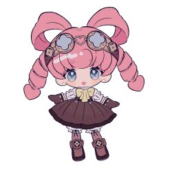 Rule 34 | 1girl, ace attorney, blue eyes, blush, boots, bow, brown dress, brown footwear, chibi, dress, drill hair, full body, gloves, goggles, goggles on head, hair rings, highres, iris wilson, long hair, long sleeves, looking at viewer, narumame, open mouth, pink hair, shirt, simple background, smile, solo, standing, the great ace attorney, twin drills, twintails, white background, white shirt, yellow bow