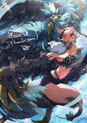 Rule 34 | 1girl, bird legs, black feathers, black wings, blue hair, blush, breasts, claws, cleavage, commentary, commission, feathered wings, feathers, harpy, heart, heart tattoo, highres, indie virtual youtuber, lincoro, monster girl, navel, open mouth, pointy ears, red eyes, sakuma gin maru sakuma, short hair, short twintails, skeb commission, small breasts, solo, stomach tattoo, talons, tattoo, thank you, tiara, twintails, virtual youtuber, winged arms, wings