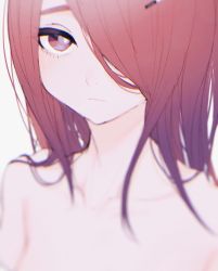 Rule 34 | 1girl, bad id, bad twitter id, blurry, blurry foreground, closed mouth, collarbone, depth of field, hair ornament, hairclip, long hair, looking at viewer, migihidari (puwako), nude, original, portrait, red eyes, red hair, simple background, solo, white background