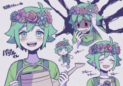 Rule 34 | 1boy, :3, basil (headspace) (omori), basil (omori), blue overalls, blush, camera, closed eyes, closed mouth, green eyes, green hair, head wreath, highres, holding, holding camera, holding watering can, inui mamoru, looking at viewer, omori, open mouth, overall shorts, overalls, red eyes, short hair, solo, something (omori), teeth, translation request, upper teeth only, watering can