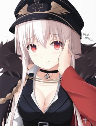 Rule 34 | 1boy, 1girl, black hat, black skirt, blush, breasts, cleavage, commander (girls&#039; frontline), commentary request, cross, fur trim, girls&#039; frontline, griffin &amp; kryuger military uniform, hair between eyes, hand on another&#039;s cheek, hand on another&#039;s face, hat, highres, iron cross, jacket, jacket on shoulders, kar98k (girls&#039; frontline), keenh, long hair, looking at viewer, medium breasts, peaked cap, red eyes, skirt, smile, translation request, very long hair, white hair