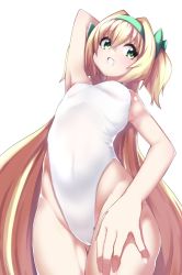 Rule 34 | blazblue, blonde hair, breasts, green eyes, hairband, hand on own head, heart, heart-shaped pupils, highres, kaname nagi, long hair, one-piece swimsuit, open mouth, platinum the trinity, simple background, small breasts, solo, swimsuit, symbol-shaped pupils, twintails, very long hair, white one-piece swimsuit