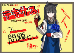 Rule 34 | 1girl, animal ear fluff, animal ears, apron, arknights, black hair, blue apron, blue flower, bouquet, cd case, chihuri, closed mouth, collared shirt, ear piercing, flower, gloves, grey background, grey shirt, hair between eyes, hand up, highres, holding, jacket, long hair, long sleeves, looking at viewer, multicolored hair, open clothes, open jacket, piercing, red eyes, red gloves, red hair, shirt, solo, sora (arknights), streaked hair, sweater vest, tail, texas (arknights), translation request, two-tone background, white jacket, yellow background
