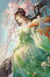 Rule 34 | 1girl, absurdres, artist request, baiguio (zhu xian), bare shoulders, blue sky, branch, brown hair, cherry blossoms, closed mouth, detached sleeves, dress, earrings, falling petals, green dress, hair bun, hair ornament, highres, holding kite, jewelry, long hair, long sleeves, necklace, petals, second-party source, sitting, sky, solo, zhu xian