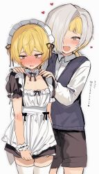 Rule 34 | 1boy, 1girl, apron, blonde hair, blush, couple, cowboy shot, crossdressing, hair over one eye, hetero, highres, kromer (project moon), limbus company, maid, maid apron, migishita, project moon, short hair, simple background, sinclair (project moon), smile, vest, white background