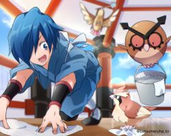 Rule 34 | 1boy, ao (batsumaruha to), artist name, bird, blue eyes, blue hair, blurry, blurry background, cleaning, cloth, cloud, commentary request, creatures (company), day, falkner (pokemon), fingernails, game freak, gen 1 pokemon, gen 2 pokemon, hair over one eye, hoothoot, lens flare, nintendo, open mouth, pidgey, pokemon, pokemon (creature), pokemon hgss, sky, teeth, tongue, v-shaped eyebrows, watermark, wooden floor, wristband