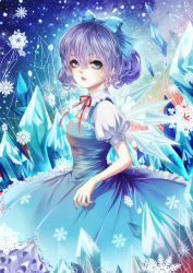 Rule 34 | 1girl, alternate hair color, blue bow, blue dress, blue eyes, bow, breasts, cirno, cowboy shot, dress, embellished costume, eyebrows, eyelashes, frilled dress, frills, hair between eyes, hair bow, highres, ice, ice wings, jiaotu, lips, looking at viewer, nose, puffy short sleeves, puffy sleeves, purple hair, short sleeves, small breasts, snowflakes, solo, touhou, wings