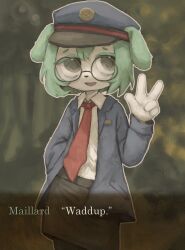 Rule 34 | 1girl, animal ears, animal nose, blue jacket, brown eyes, cobalt memori, collared shirt, dialogue box, english text, glasses, green hair, hand up, hat, hello girl, jacket, long sleeves, looking at viewer, maillard (hello girl), necktie, open mouth, pencil skirt, red necktie, round eyewear, shirt, skirt, smile, solo, w, white shirt