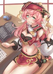 Rule 34 | 1girl, absurdres, bare shoulders, blush, book, breasts, cleavage, commentary request, crop top, detached sleeves, genshin impact, green eyes, grin, highres, long hair, long sleeves, looking at viewer, medium breasts, midriff, nan-chan, navel, partial commentary, pink hair, red headwear, sitting, smile, solo, stomach, thighs, yanfei (genshin impact)