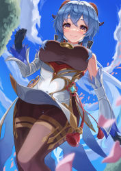Rule 34 | 1girl, absurdres, ahoge, bare shoulders, bell, black gloves, blue hair, blue sky, blush, breasts, brown eyes, brown leotard, brown pantyhose, closed mouth, day, detached sleeves, eyebrows hidden by hair, feet out of frame, flower knot, from below, ganyu (genshin impact), genshin impact, gloves, highres, hiyoku, horns, large breasts, leotard, leotard under clothes, long hair, long sleeves, motion blur, neck bell, outdoors, pantyhose, petals, red ribbon, ribbon, sky, smile, solo, standing, tassel, thigh gap, very long hair, vision (genshin impact)