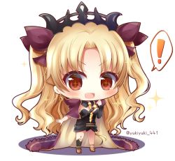 Rule 34 | !, + +, 1girl, :d, asymmetrical legwear, asymmetrical sleeves, black dress, black socks, blonde hair, blush, breasts, brown ribbon, cape, chibi, commentary request, dress, earrings, ereshkigal (fate), fate/grand order, fate (series), full body, hair ribbon, infinity symbol, jewelry, kneehighs, long hair, long sleeves, medium breasts, multicolored cape, multicolored clothes, open mouth, parted bangs, purple cape, red eyes, ribbon, single kneehigh, single sleeve, single sock, skull, smile, socks, solo, sparkle, spine, spoken exclamation mark, standing, teeth, tiara, twitter username, two side up, uneven legwear, uneven sleeves, upper teeth only, v-shaped eyebrows, very long hair, white background, yellow cape, yukiyuki 441