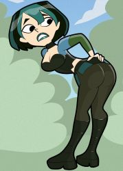 Rule 34 | 1girl, ass, atomictiki, blue hair, blue lips, boots, breasts, cleavage, goth fashion, gwen (total drama), lipstick, makeup, short hair, solo, thighhighs, total drama