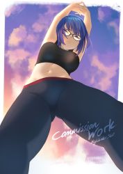 Rule 34 | 1girl, absurdres, alternate costume, arms up, black-framed eyewear, black pants, black sports bra, blue hair, breasts, ciel (tsukihime), closed eyes, closed mouth, cloud, commentary, commission, english commentary, exercising, fav faris, from below, glasses, hair between eyes, highres, large breasts, midriff, navel, pants, short hair, sky, solo, sports bra, stomach, tight clothes, tight pants, tsukihime, tsukihime (remake), yoga pants