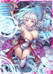 Rule 34 | 1girl, akkijin, angel wings, black sky, breasts, cane, card (medium), castle, cloud, cloudy sky, dress, drone, flying, gloves, gluteal fold, holding, holding cane, large breasts, looking at viewer, magic circle, official art, open mouth, oracle (shinkai no valkyrie), orange eyes, red dress, shinkai no valkyrie, silver hair, sky, tiara, underwear, weapon, white gloves, wings