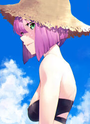 Rule 34 | 1girl, bare shoulders, bikini, black bikini, blue sky, breasts, commentary request, from side, green eyes, hat, highres, inaba makoto, looking at viewer, medium breasts, original, parted lips, purple hair, short hair, sideways glance, sky, solo, strapless, strapless bikini, straw hat, swimsuit, upper body