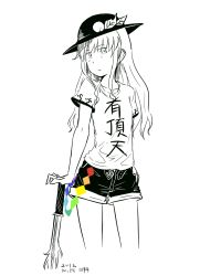 Rule 34 | 1girl, contemporary, flat chest, food, fruit, hat, highres, hinanawi tenshi, kawashina (momen silicon), long hair, monochrome, peach, shorts, simple background, solo, spot color, sword of hisou, touhou, white background