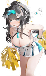 Rule 34 | 1girl, animal ears, black hair, blue archive, blue eyes, blue skirt, blunt bangs, breasts, character name, cheerleader, cleavage, clothes writing, dog ears, dog girl, dog tail, eyewear on head, halo, hibiki (blue archive), hibiki (cheer squad) (blue archive), highres, large breasts, long hair, looking at viewer, millennium cheerleader outfit (blue archive), pom pom (cheerleading), ponytail, simple background, skirt, solo, standing, sunglasses, tail, thighs, two-tone skirt, white background, white skirt, yonchan
