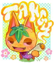 Rule 34 | 1girl, animal crossing, applepums, character name, checkered background, commentary, commission, english commentary, flower, full body, furry, furry female, highres, holding, joint (drug), marijuana, nintendo, no humans, open mouth, peace symbol, smile, smoke, solo, stoned, tangy (animal crossing)