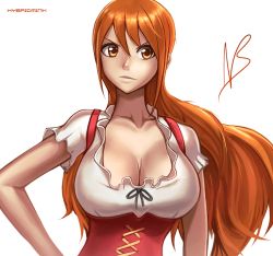 Rule 34 | 1girl, artist name, breasts, cleavage, dirndl, dress, female focus, german clothes, hair between eyes, hybridmink, large breasts, long hair, looking to the side, nami (one piece), nami (one piece) (whole cake island), one piece, orange eyes, orange hair, portrait, signature, simple background, solo, white background