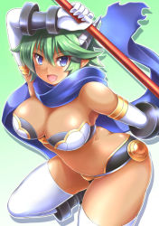 Rule 34 | &gt;:d, 1girl, :d, armor, armpits, ass, bare shoulders, bikini armor, blue eyes, blue scarf, blush, bracer, breasts, cleavage, dark-skinned female, dark skin, elbow gloves, erza (shinrabanshou), fang, gloves, green hair, hair between eyes, holding, holding staff, horns, kittan (cve27426), large breasts, looking at viewer, open mouth, pointy ears, scarf, shinrabanshou, short hair, smile, solo, staff, thighhighs, v-shaped eyebrows, white gloves, white thighhighs