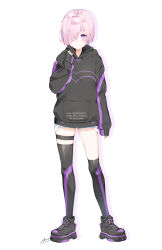 Rule 34 | 1girl, adapted costume, alternate costume, arm at side, artist name, asymmetrical legwear, bad id, bad pixiv id, black footwear, black hairband, black hoodie, black socks, black thighhighs, breasts, chuchugou, clothes writing, commentary, fate/grand order, fate (series), full body, hair over one eye, hairband, hand on own chest, highres, hood, hood down, hoodie, looking at viewer, mash kyrielight, parted lips, pink hair, purple eyes, purple ribbon, ribbon, shoes, short hair, signature, sleeves past wrists, sneakers, socks, solo, standing, thigh strap, thighhighs, uneven legwear