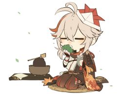 Rule 34 | 1boy, antenna hair, armor, bandaged hand, bandages, black gloves, chibi, closed eyes, crossed bangs, cup, cushion, eating, fingerless gloves, food, genshin impact, gloves, grey hair, hair between eyes, hat, highres, holding, holding cup, holding food, japanese armor, japanese clothes, kaedehara kazuha, leaf print, male focus, multicolored hair, paper hat, ponytail, red hair, ryu genshin77, simple background, sitting, solo, steam, streaked hair, white background, yunomi