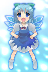 Rule 34 | 1girl, blue background, blue eyes, blue hair, bow, cirno, fang, female focus, full body, hands on own hips, legs apart, matching hair/eyes, open mouth, otoutogimi, outline, shoot the bullet, short hair, socks, solo, standing, touhou, v-shaped eyebrows, white socks
