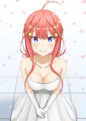 Rule 34 | 1girl, bare shoulders, blue eyes, blush, breasts, cherry blossoms, cleavage, collarbone, dress, elbow gloves, female focus, gloves, go-toubun no hanayome, hair ornament, highres, long hair, looking at viewer, nakano itsuki, orange hair, petals, plu xx, solo, standing, star (symbol), star hair ornament, wedding dress, white background