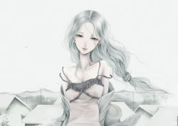 Rule 34 | 1girl, bad id, bad pixiv id, female focus, lips, long hair, original, outdoors, pale color, pale skin, shirt slip, silver (color), silver hair, solo, wind, yoshii