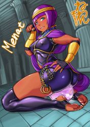 Rule 34 | 1girl, ass, barefoot, between buttocks, blunt bangs, bob cut, bracer, breasts, capcom, circlet, covered erect nipples, crystal ball, dark-skinned female, dark skin, feet, fingerless gloves, full body, gloves, gorget, green eyes, hand on own hip, looking at viewer, menat, neone, no shoes, over-kneehighs, paw pose, purple hair, saliva, shawl, short hair, skin tight, skindentation, small breasts, soles, solo, street fighter, street fighter v, thighhighs, toeless legwear, toes, unitard, usekh collar