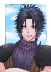 Rule 34 | 1boy, ah yoshimizu, armor, black hair, blue eyes, blue sky, cloud, cloudy sky, commentary request, crisis core final fantasy vii, crossed arms, day, final fantasy, final fantasy vii, looking at viewer, male focus, muscular, muscular male, outdoors, parted bangs, pauldrons, purple sweater, short hair, shoulder armor, sky, sleeveless, sleeveless turtleneck, smile, solo, spiked hair, suspenders, sweater, turtleneck, upper body, zack fair