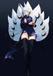 Rule 34 | 1girl, absurdres, animal ear fluff, arm guards, azur lane, black background, black thighhighs, blue dress, blue eyes, breasts, dress, eyeliner, fox girl, fox tail, full body, highres, holding, holding sword, holding weapon, kaga (azur lane), kaga (dusk-simurgh&#039;s vigil) (azur lane), kitsune, kyuubi, large breasts, large tail, multiple tails, official alternate costume, red eyeliner, reureshica, sheath, short hair, sideboob, simple background, solo, sword, tail, tail ornament, thighhighs, unsheathing, weapon, white hair, white tail