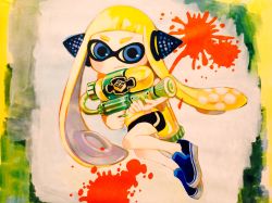 Rule 34 | 1girl, acrylic paint (medium), black footwear, black shorts, blonde hair, blue eyes, blunt bangs, blush, closed mouth, expressionless, eyebrows, gun, headgear, highres, holding, holding gun, holding weapon, inkling, inkling girl, inkling player character, looking at viewer, nintendo, ootsuki kana, painting (medium), shirt, shoes, shorts, solo, splatoon (series), splatoon 1, splattershot (splatoon), tentacle hair, thick eyebrows, traditional media, twintails, weapon, yellow shirt