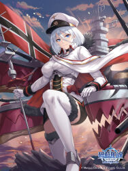 Rule 34 | 1girl, azur lane, blue eyes, boots, breasts, capelet, choker, closed mouth, cloud, cloudy sky, commentary request, company connection, company name, copyright name, detached sleeves, earrings, flag, fur trim, gloves, hat, highres, jewelry, logo, long sleeves, looking at viewer, medium breasts, military uniform, miniskirt, official art, outdoors, peaked cap, polearm, rigging, sakiyamama, skirt, sky, sunset, thigh boots, thighhighs, tirpitz (azur lane), uniform, weapon, white hair, zettai ryouiki