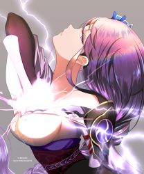 Rule 34 | 1girl, armor, breasts, chiinyan, commentary request, electricity, energy sword, from side, genshin impact, grey background, hair ornament, highres, human scabbard, japanese clothes, kimono, large breasts, long hair, looking at viewer, obi, obiage, obijime, open mouth, parted lips, purple eyes, purple hair, raiden shogun, sash, shoulder armor, simple background, solo, sword, weapon